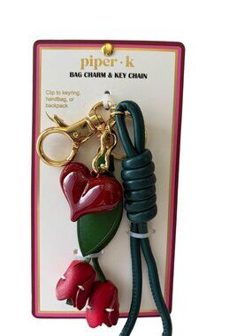 Piper K Glossy Red Heart and Leather Rosebud Bag Charm